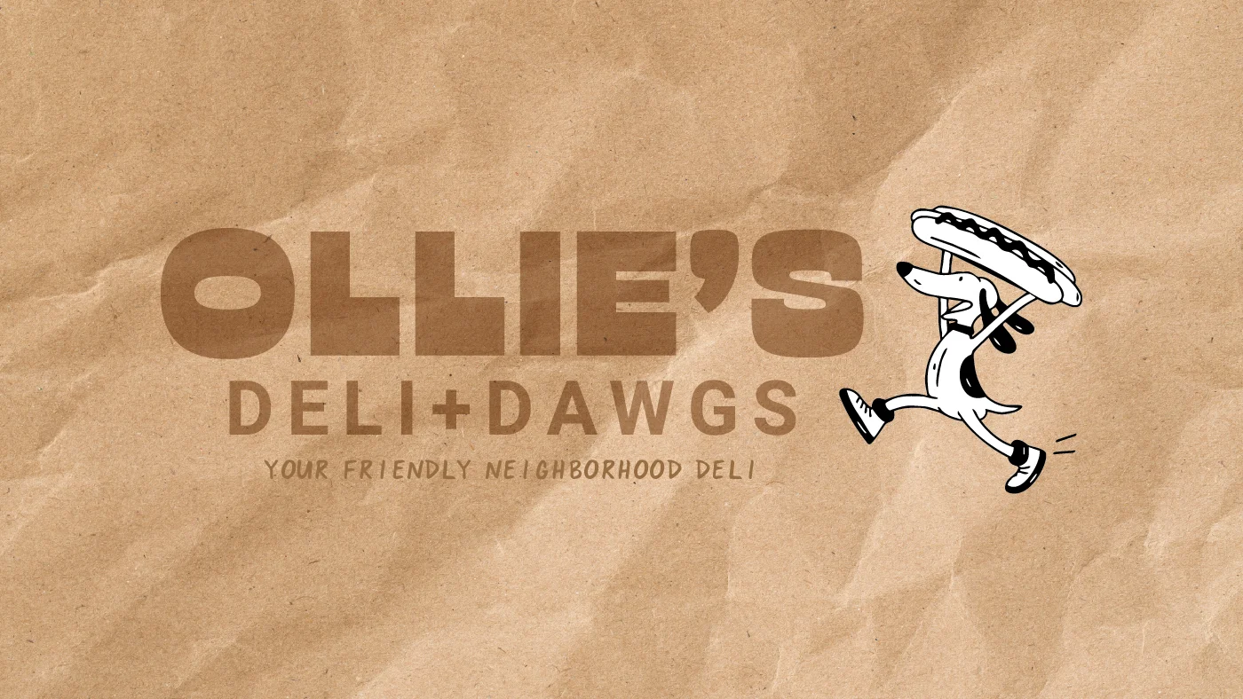 Logo of Ollie's Deli + Dawgs featuring a playful dog character