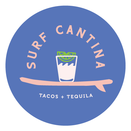 Another logo for 'Surf Cantina', depicting a glass with lime garnish and the phrase 'Tacos + Tequila' encircled around it.