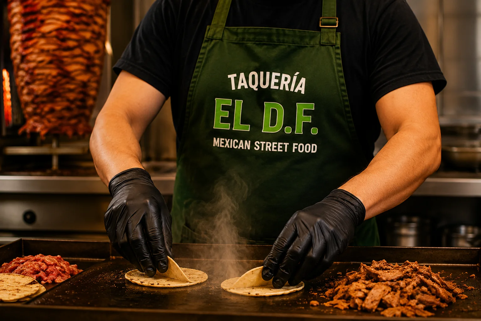 Preparing Mexican street tacos on a hot griddle