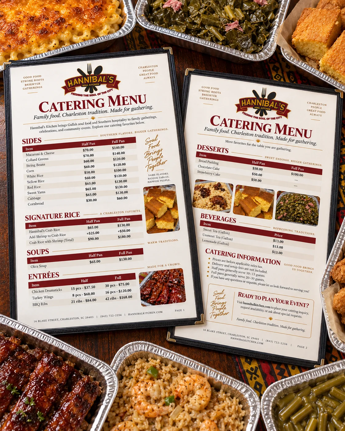 Catering menu featuring Southern soul food dishes and desserts