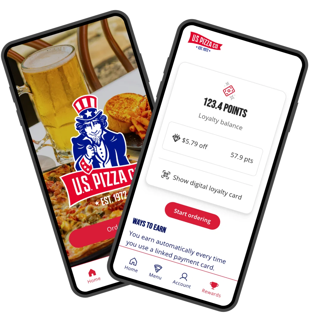U.S. Pizza Co. loyalty app interface with rewards and menu options