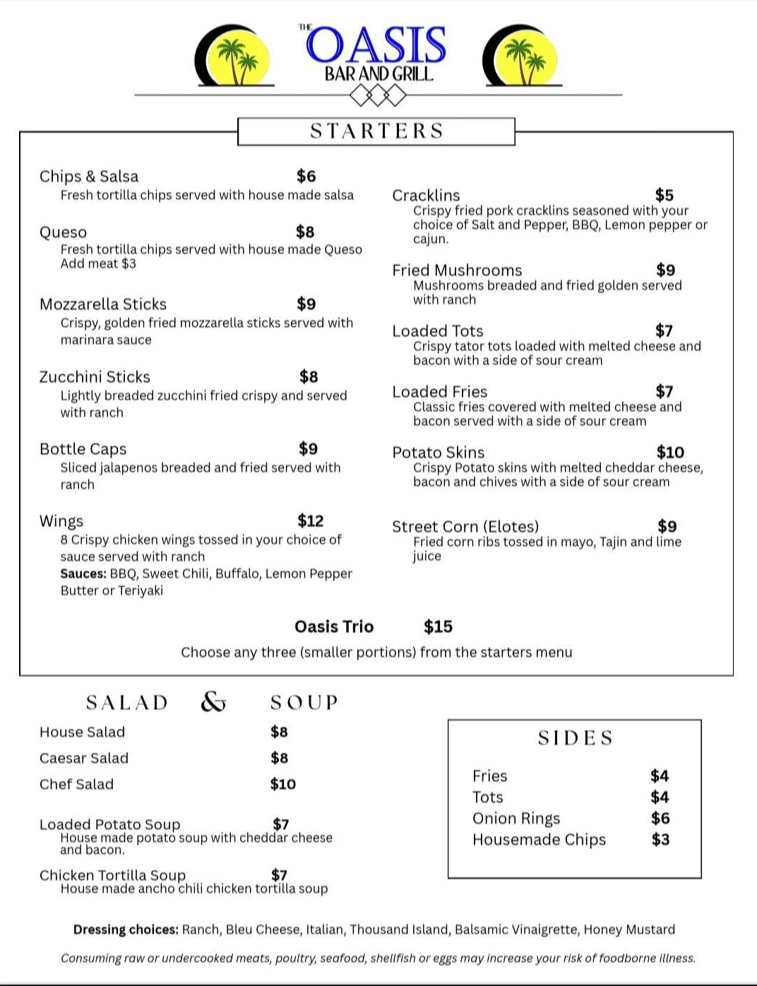Oasis Bar and Grill starters menu with appetizers, salads, soups, and sides
