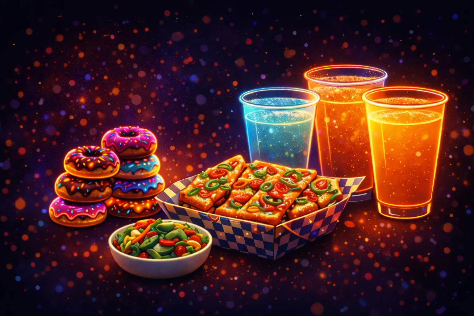 Colorful assortment of snacks including pizza, donuts, and drinks