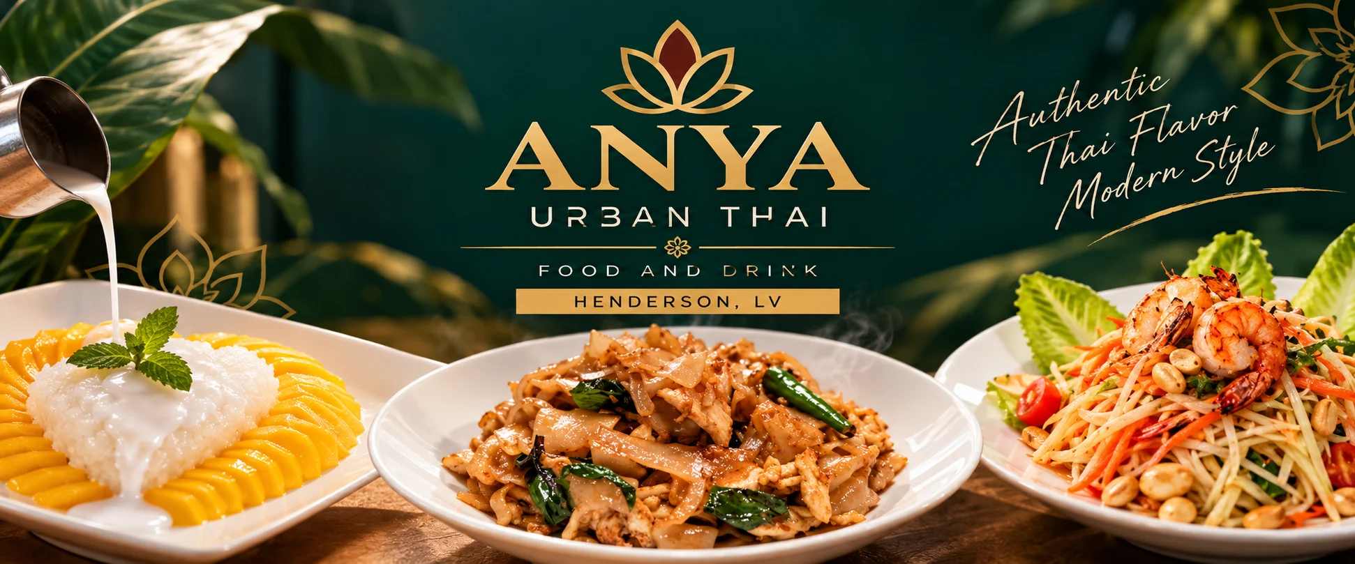 Thai restaurant banner featuring mango sticky rice, pad see ew, and shrimp papaya salad