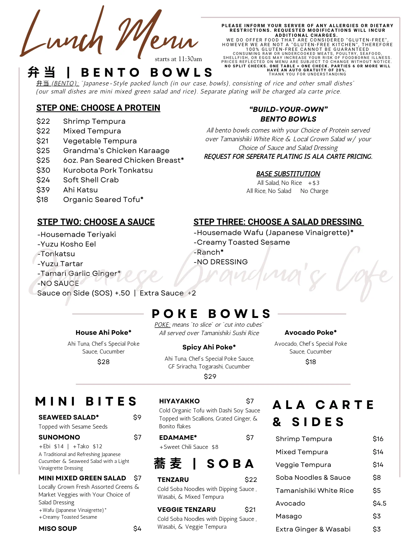 Japanese restaurant lunch menu featuring bento bowls, poke bowls, and soba