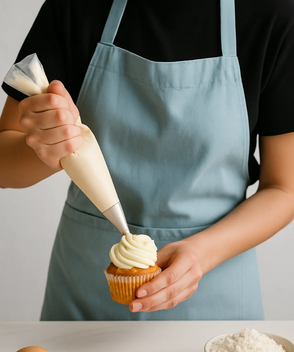 Cupcake being decorated with buttercream frosting
