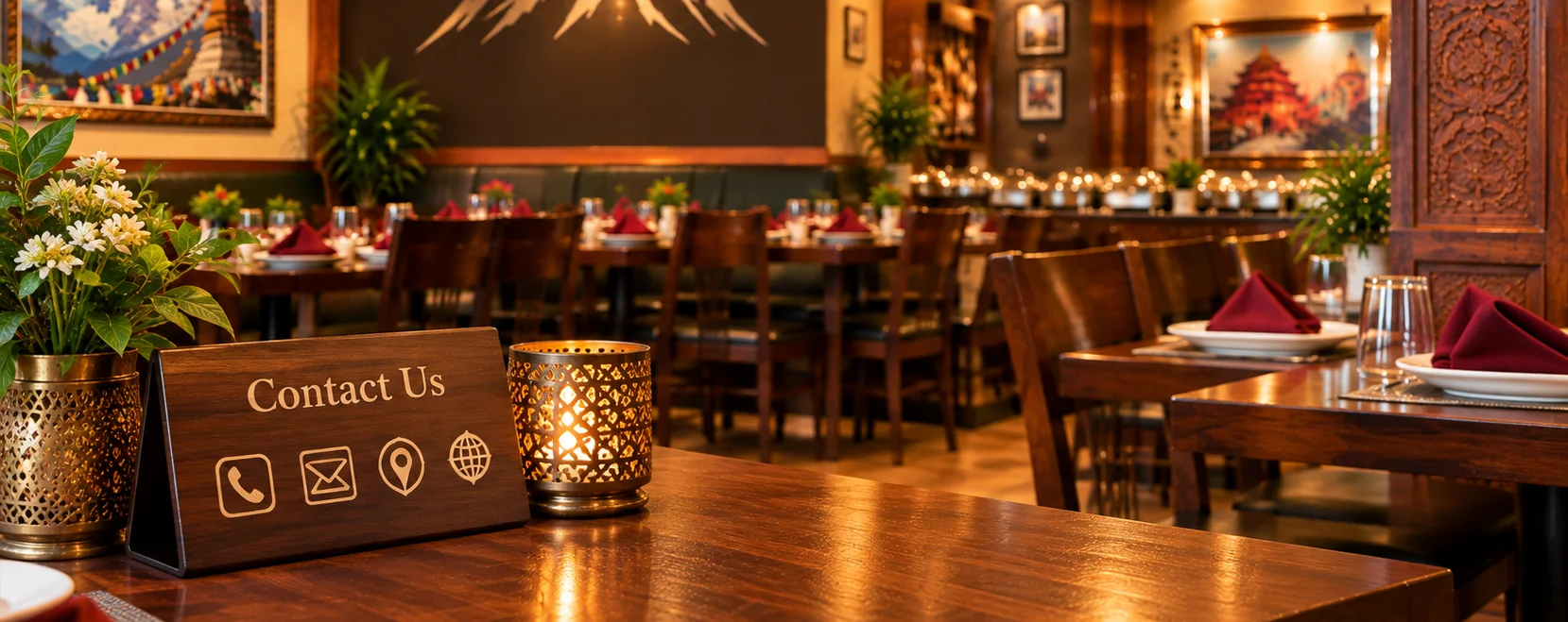 Warmly lit restaurant interior with Himalayan-inspired decor and elegant table settings