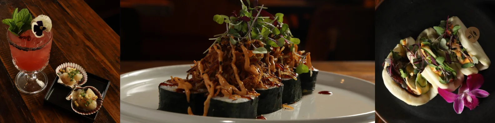 Fusion sushi rolls topped with pulled pork and microgreens