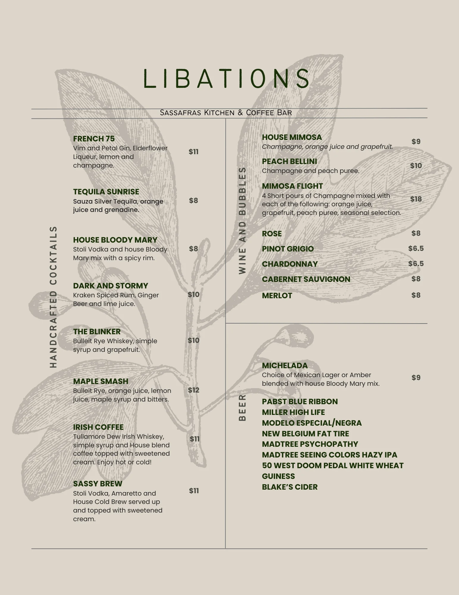 Cocktail menu featuring handcrafted drinks and wines