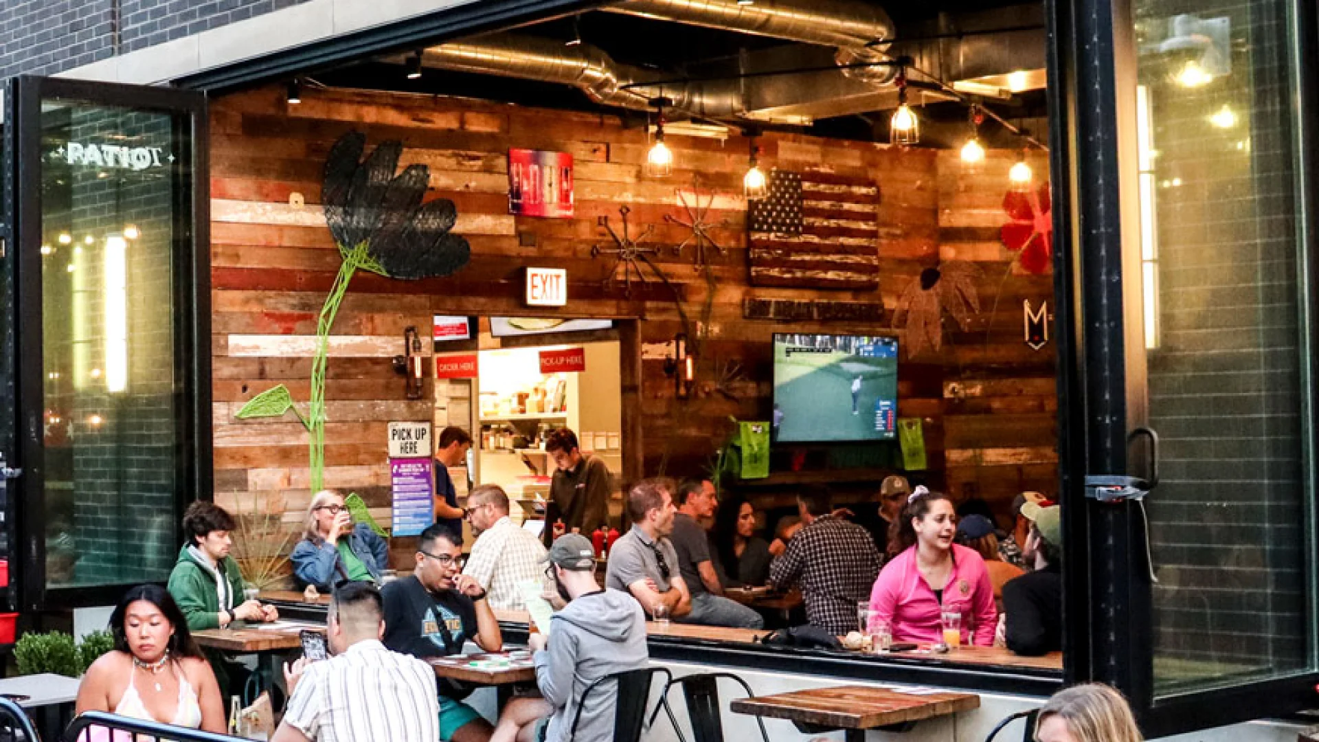 Cozy restaurant interior with rustic decor and lively atmosphere