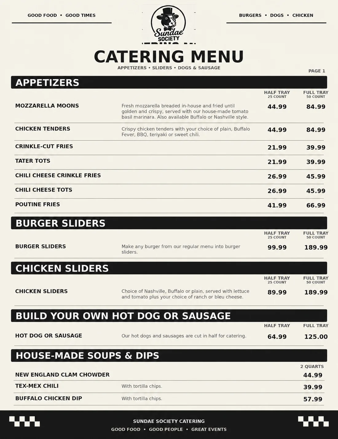 Catering menu featuring appetizers and sliders from a restaurant