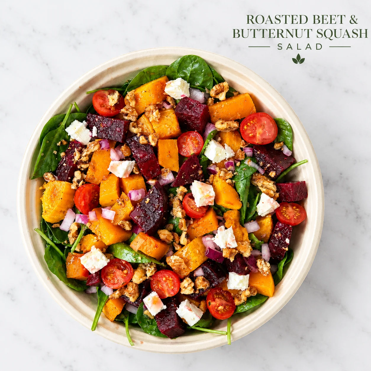 Colorful roasted beet and butternut squash salad on a bed of spinach