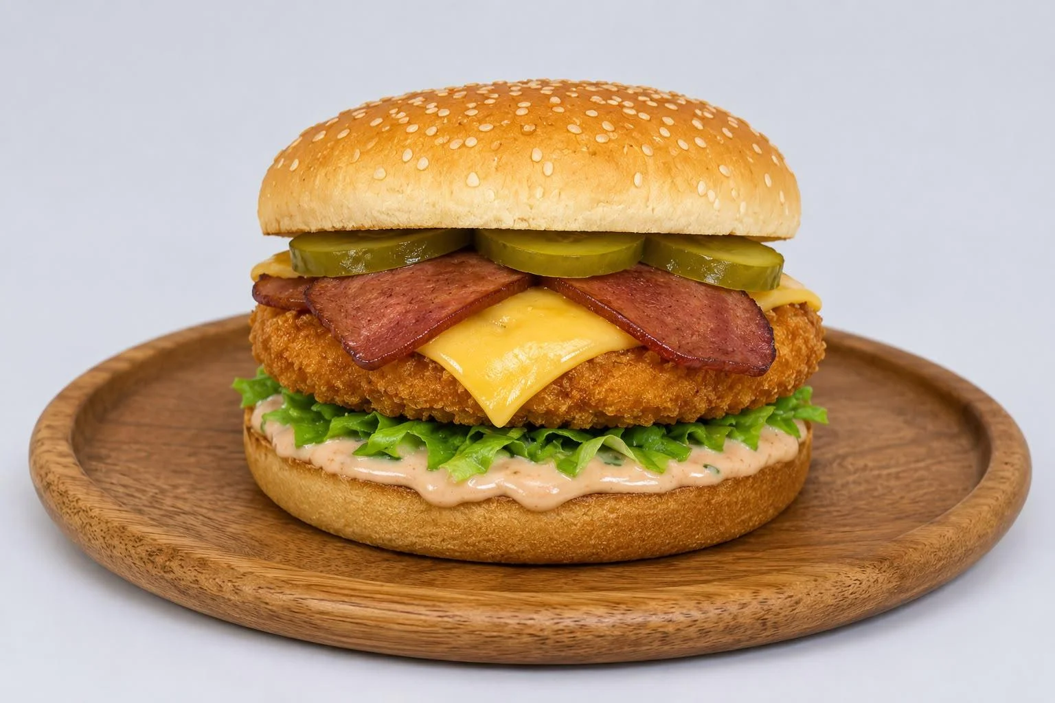 A hearty chicken burger topped with crispy bacon, cheddar cheese, and pickles, set on a sesame seed bun and a wooden plate. Fresh lettuce peeks out from underneath.
