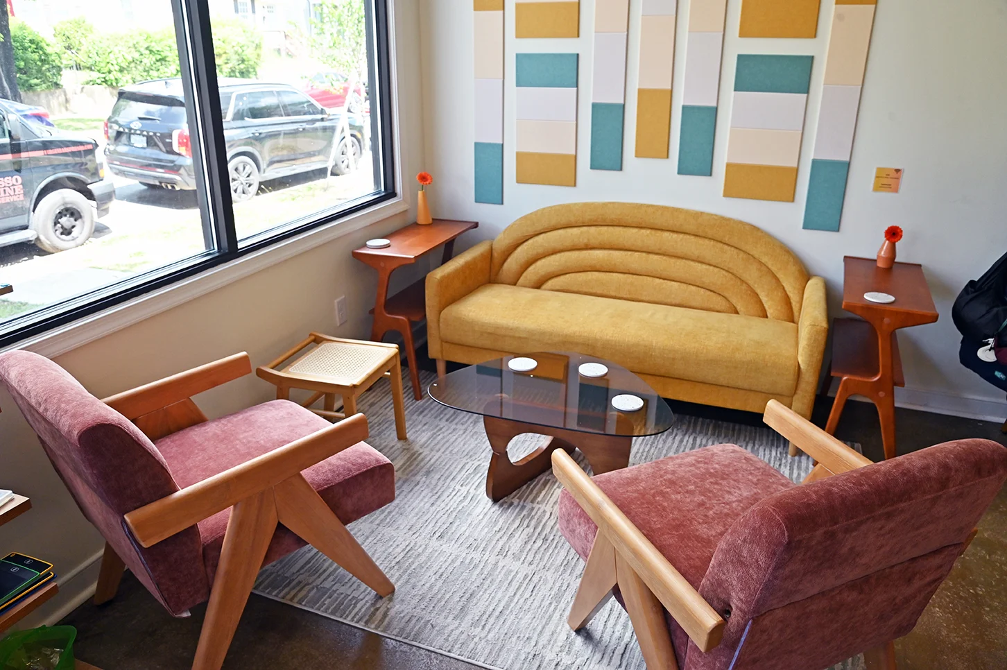 Stylish cafe interior with modern furniture and colorful decor