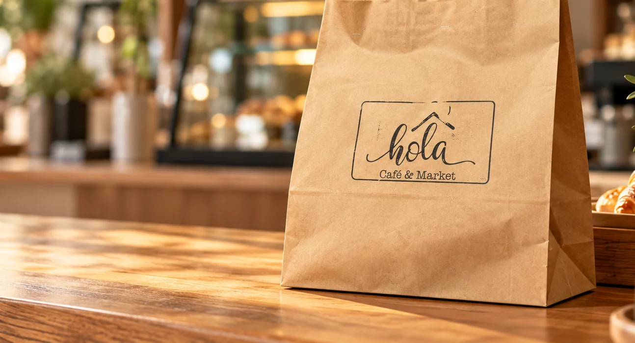 Brown paper bag from a café on a wooden table