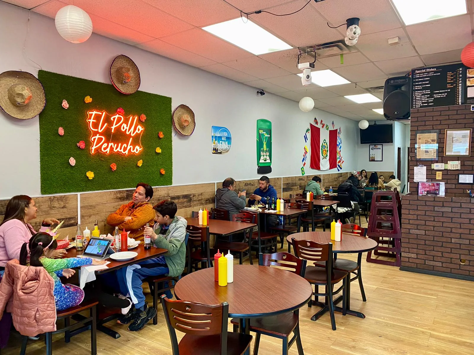 Cozy restaurant interior with vibrant decor and family dining
