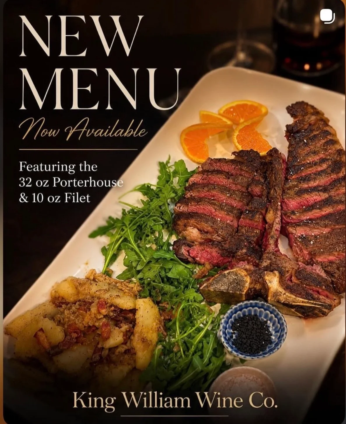 Juicy porterhouse steak with sides at a fine dining restaurant
