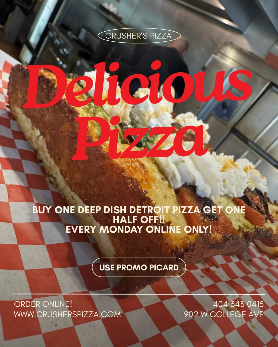 Promotional image for deep dish Detroit pizza with a discount offer.