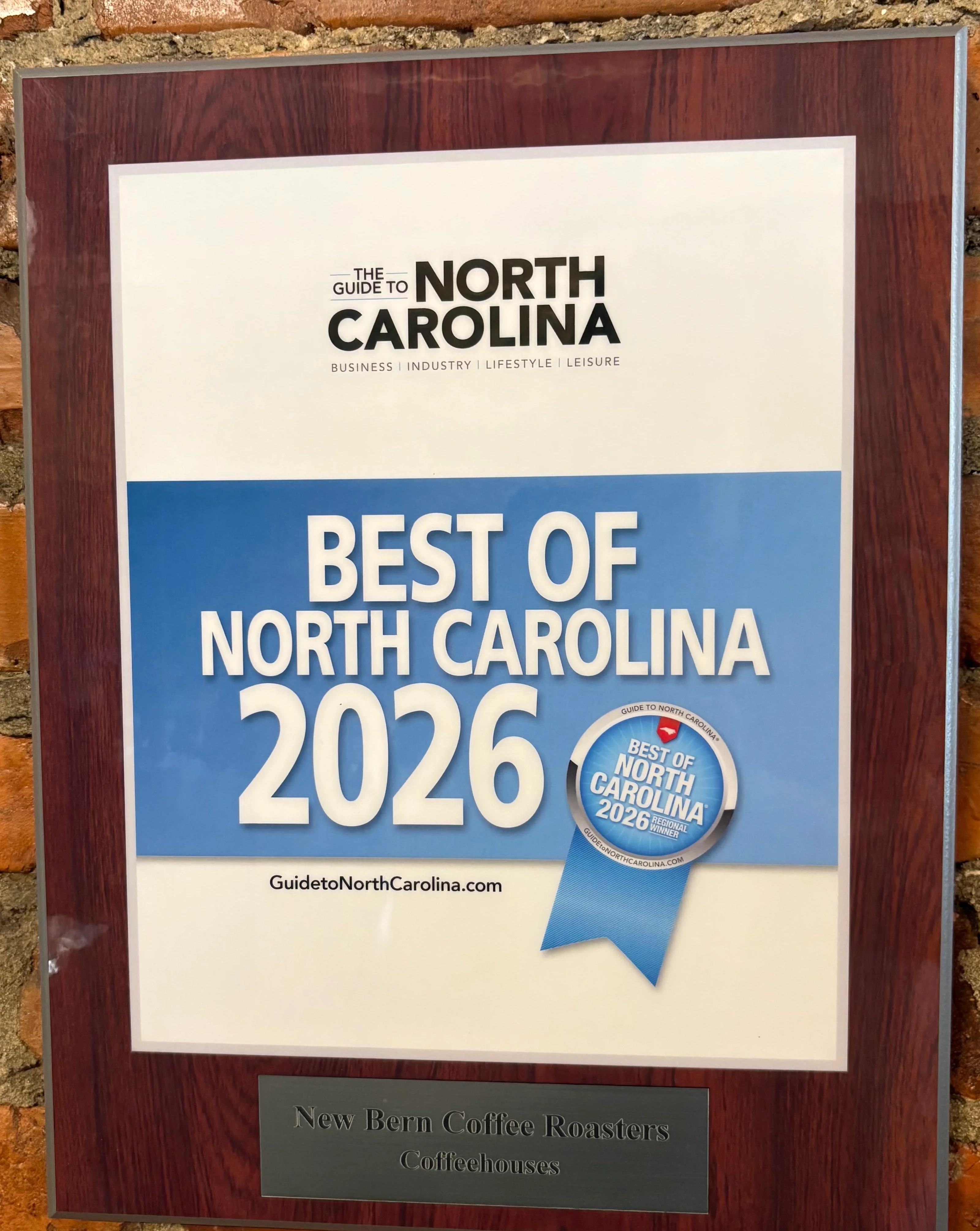 Award plaque for Best Coffeehouse in North Carolina 2026