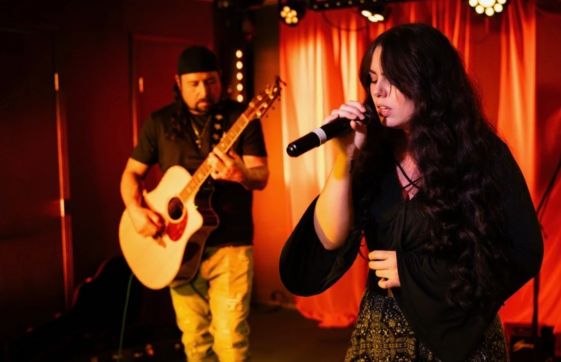 Live music performance with singer and guitarist on stage
