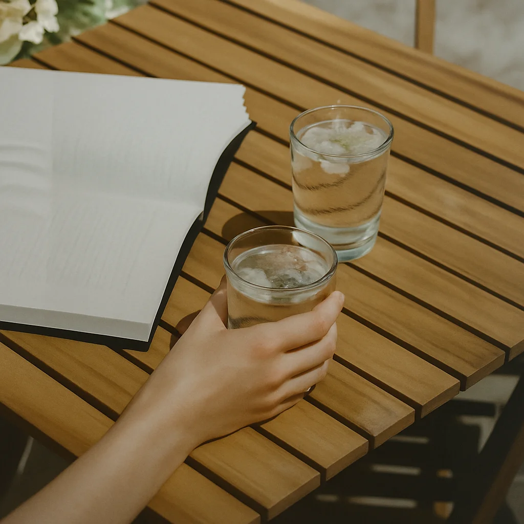 Refreshing drinks on a wooden table with an open book