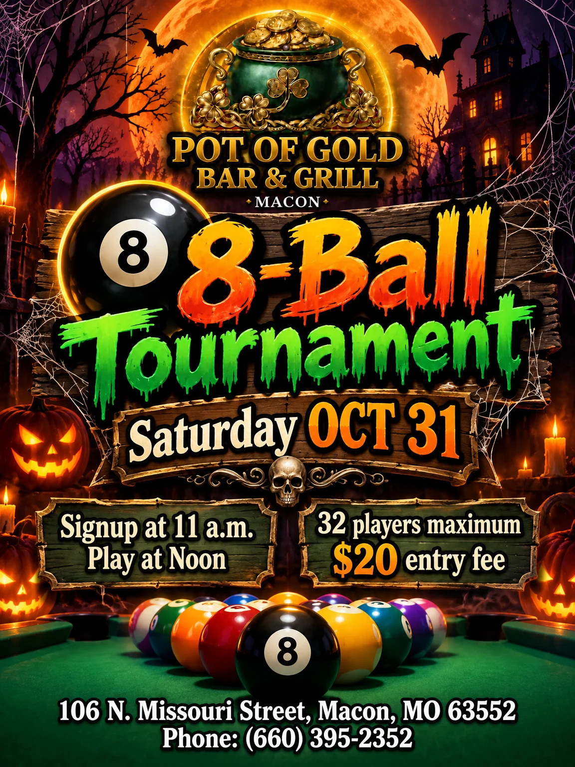 Halloween-themed pool tournament poster for Pot of Gold Bar & Grill in Macon