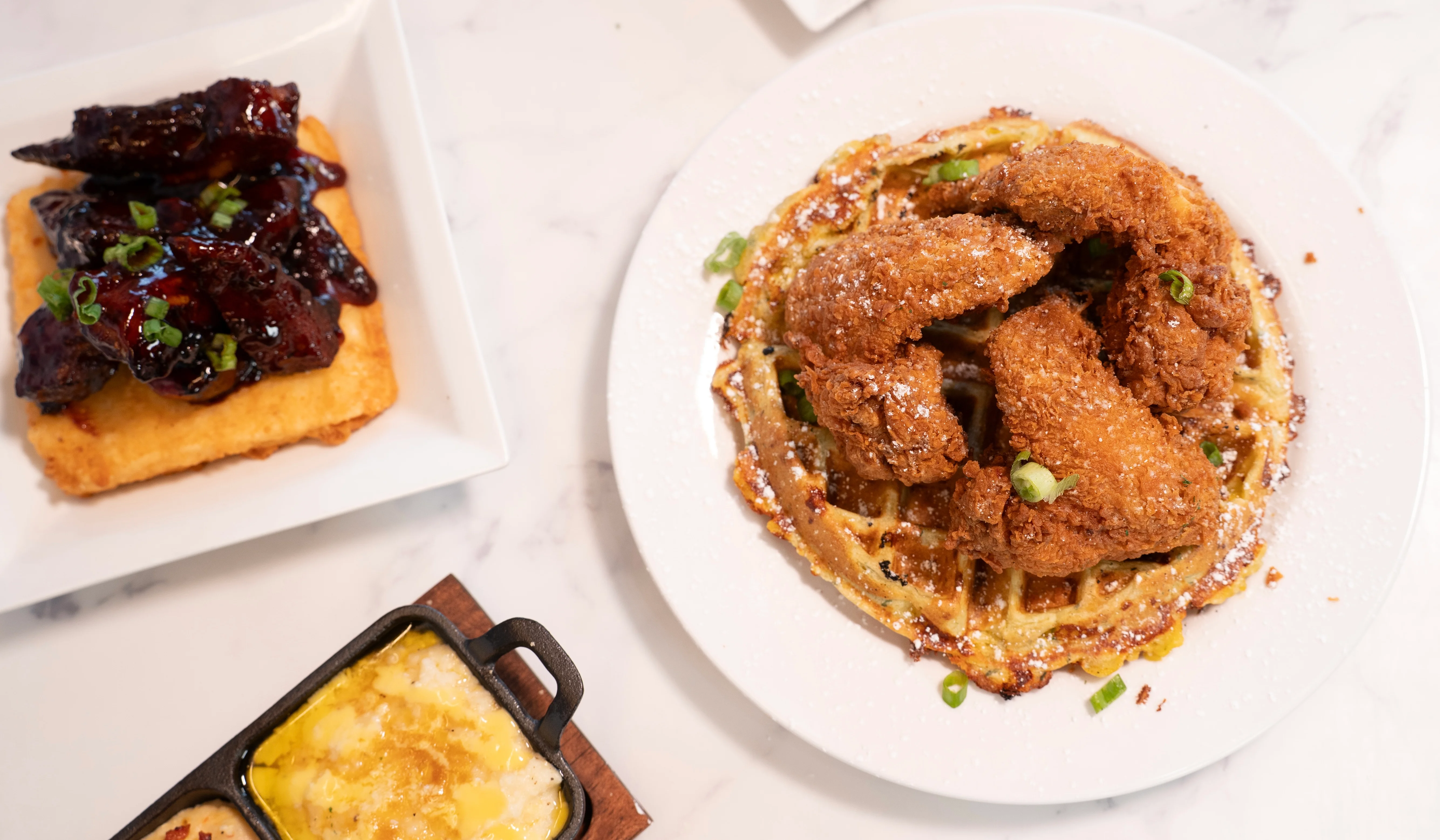 Southern fried chicken and waffles with syrup