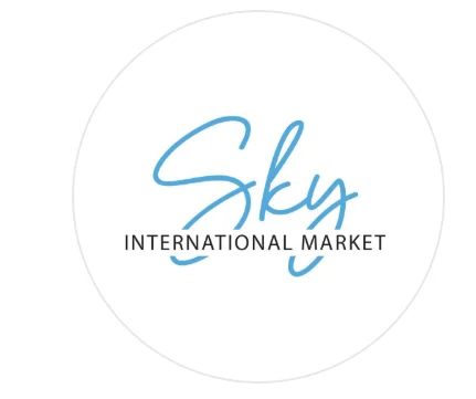 Logo for Sky International Market, featuring a stylized font in blue.