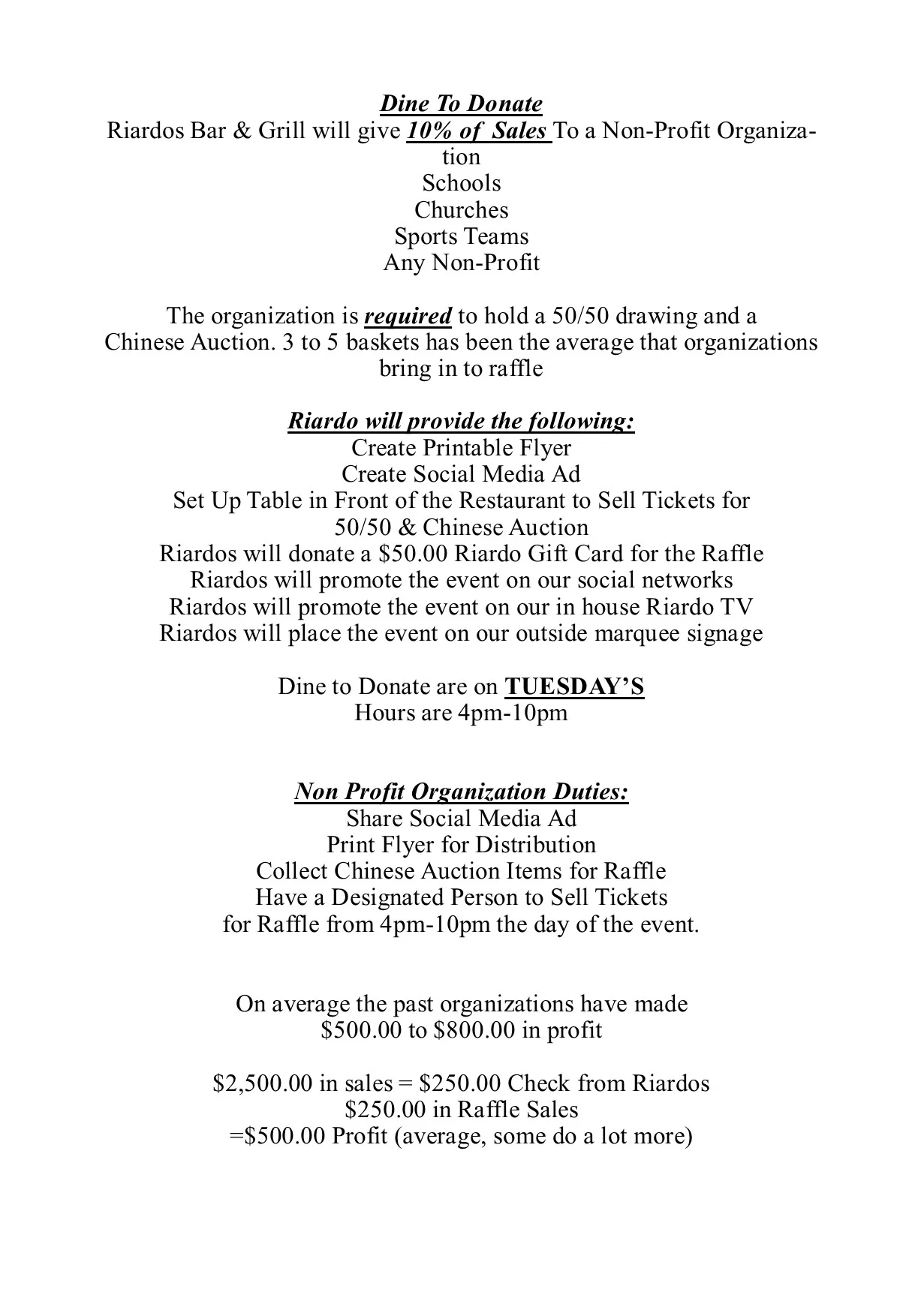 Promotional flyer for Dine To Donate event at Riardos Bar & Grill