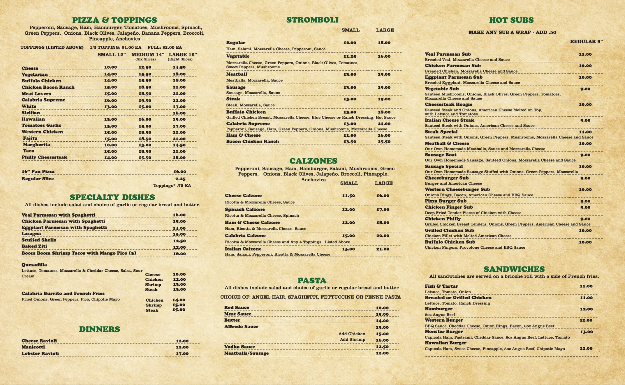 Calabria Menu Page 2