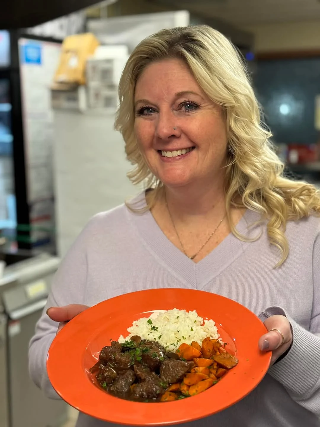Savory Moroccan beef tagine with rice and roasted carrots