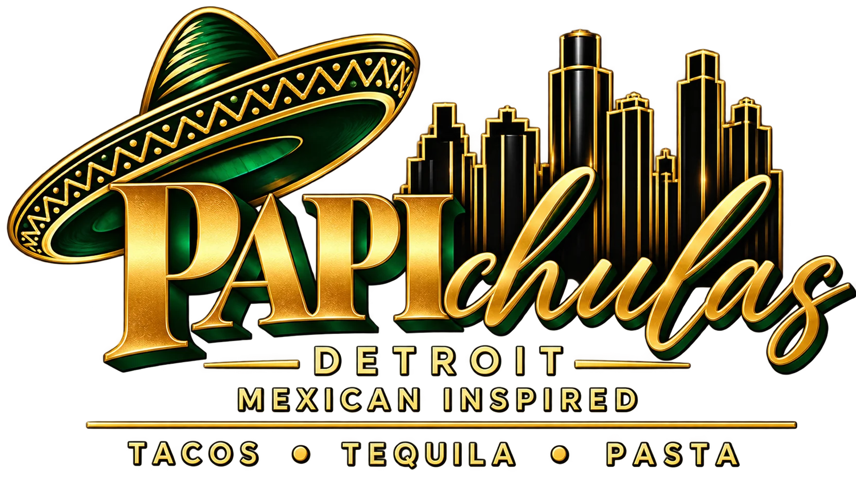 A vibrant logo featuring a sombrero and skyscrapers, representing a Mexican-inspired eatery in Detroit.