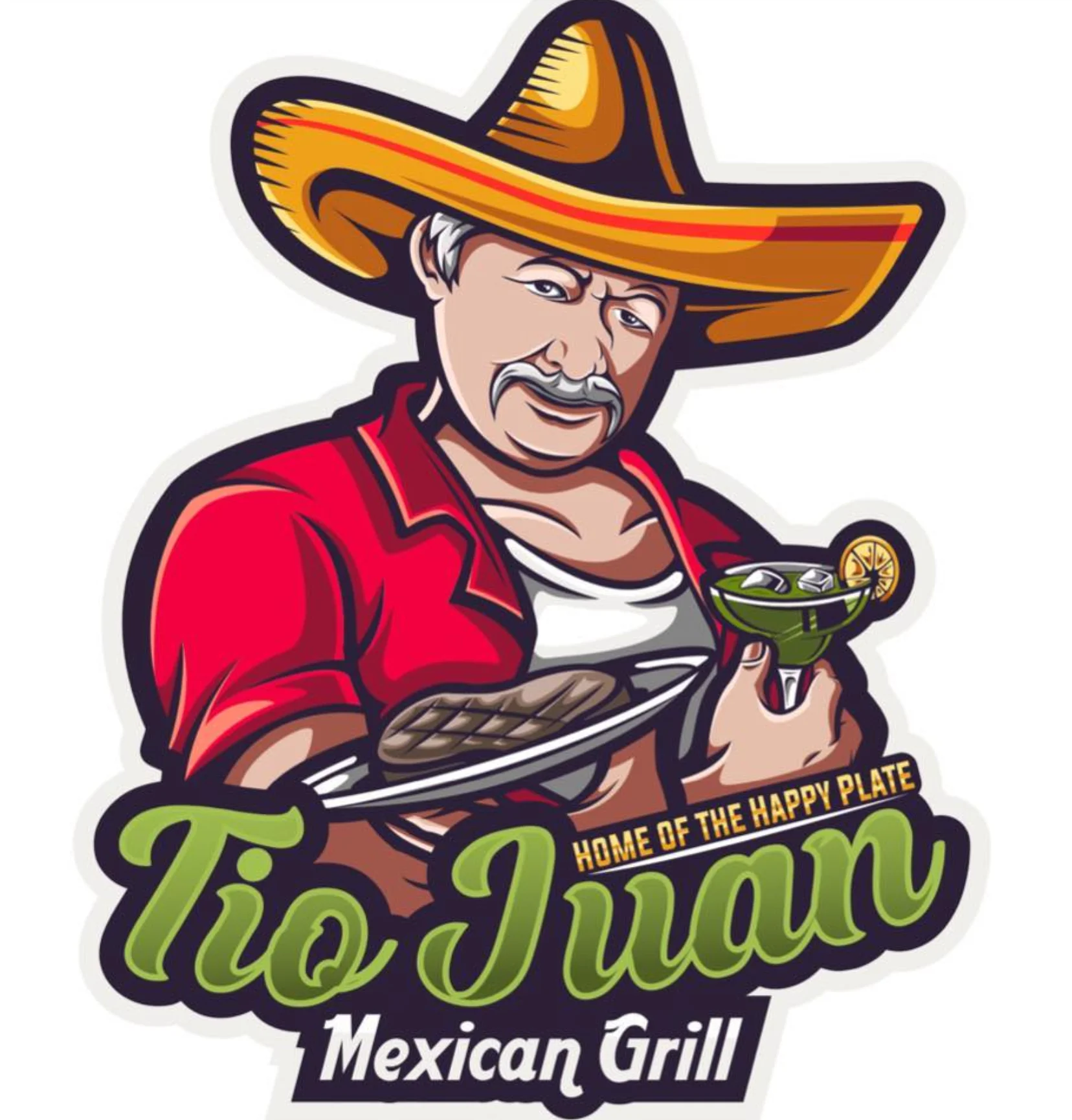Logo of Tio Juan Mexican Grill featuring a smiling chef with a sombrero