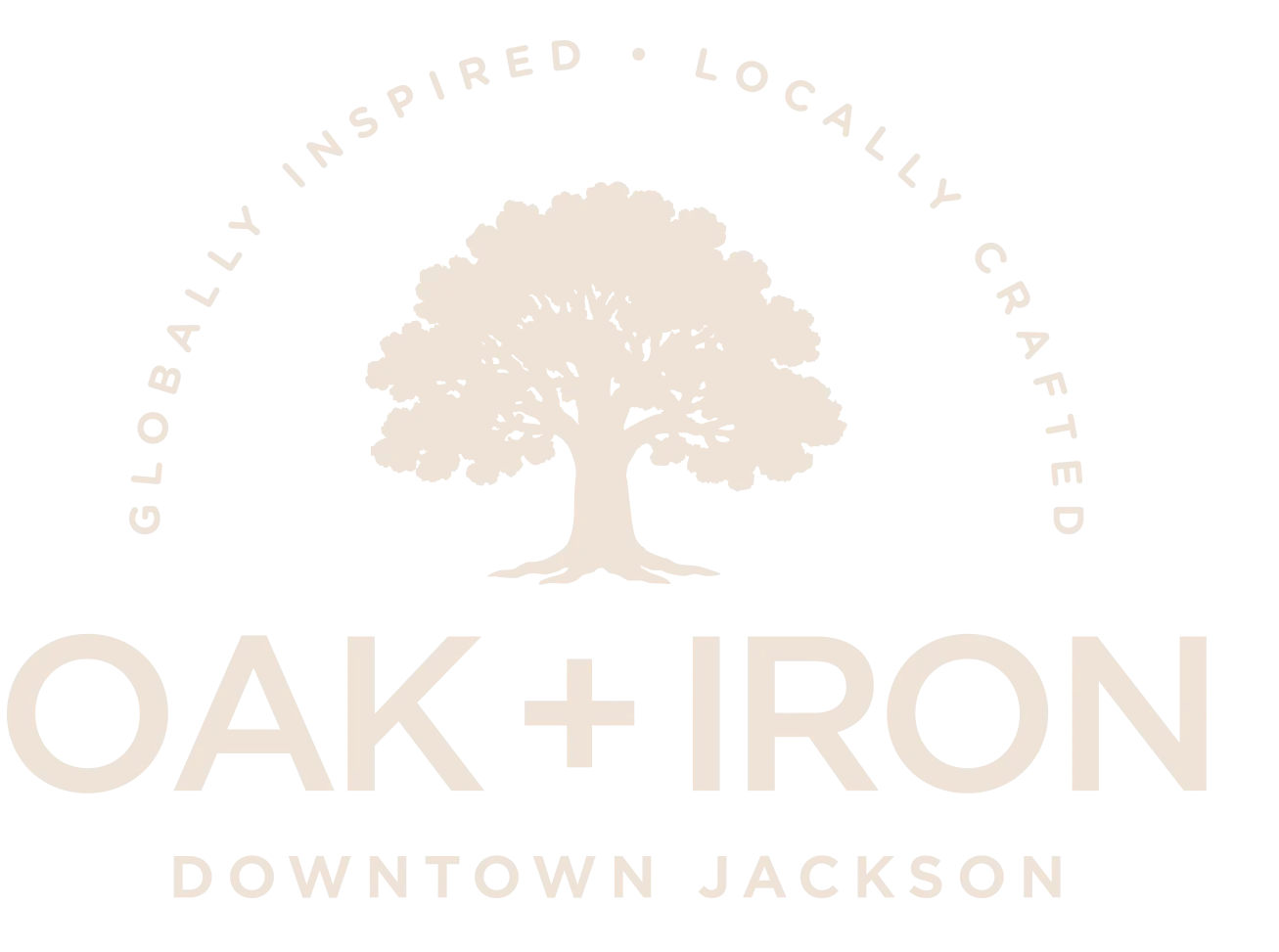 White logo with tree and arched text