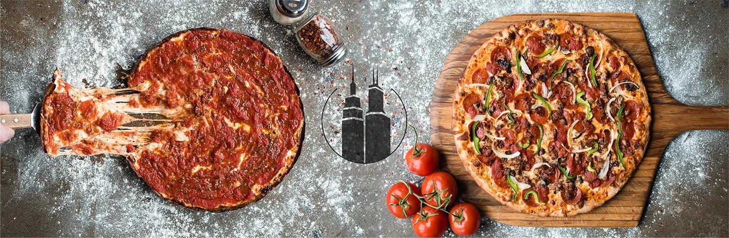 Deep-dish Chicago-style pizza with rich tomato sauce
