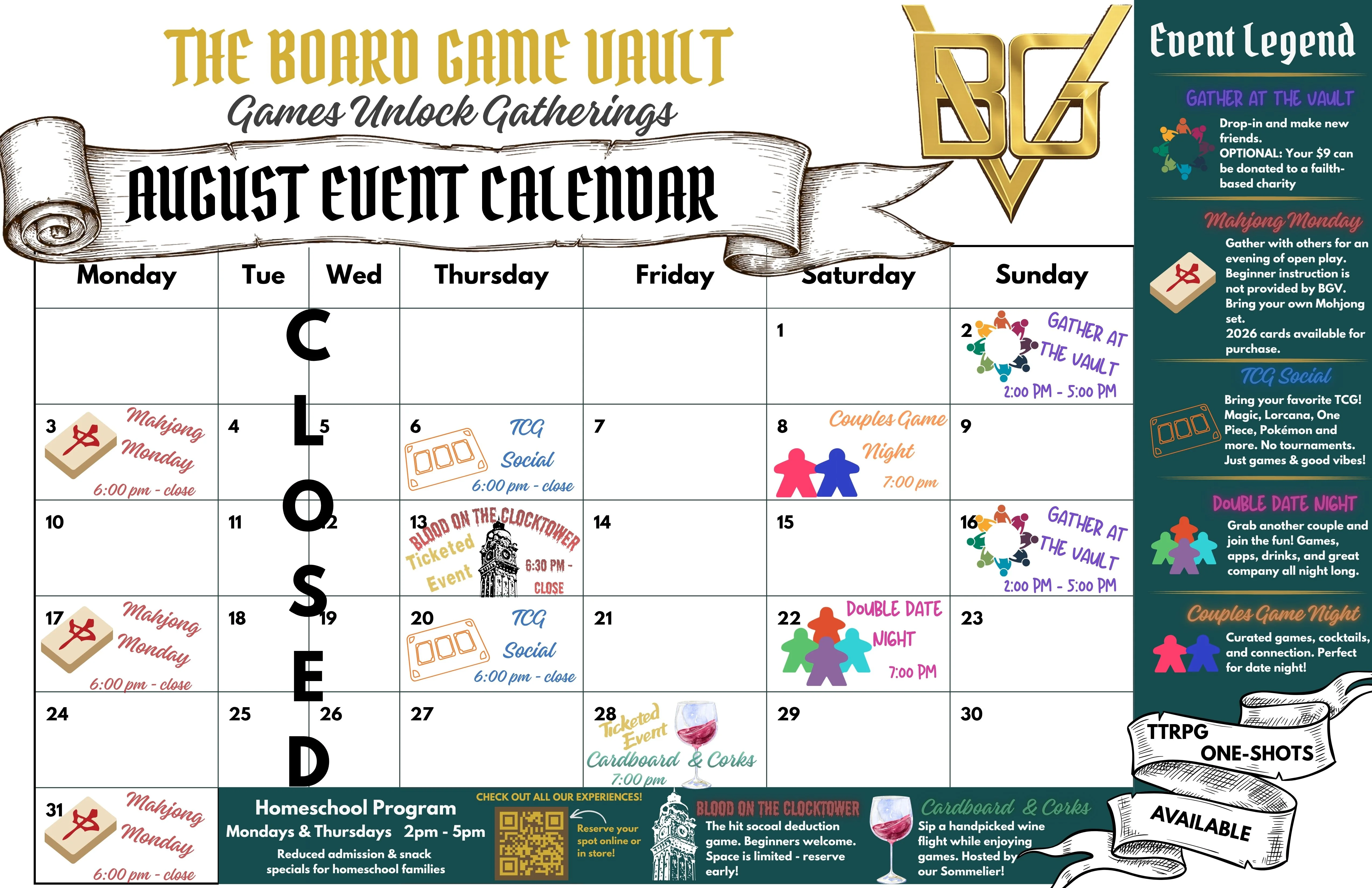 August event calendar for board game gatherings