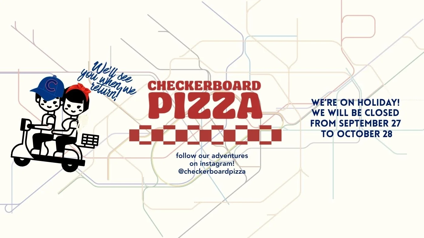 Holiday announcement for Checkerboard Pizza with playful illustration and vibrant design