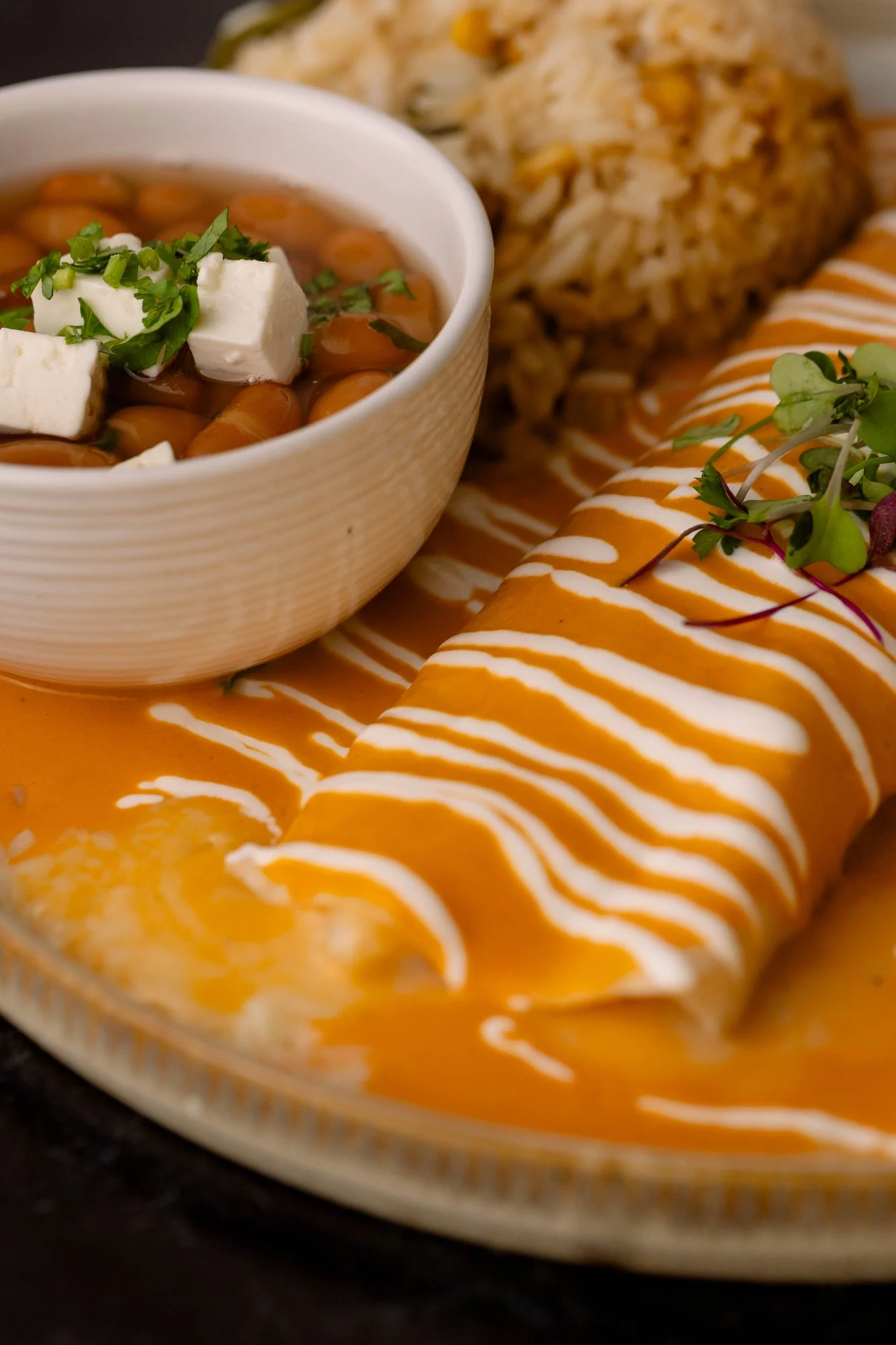 Delicious Mexican enchiladas with rice and beans