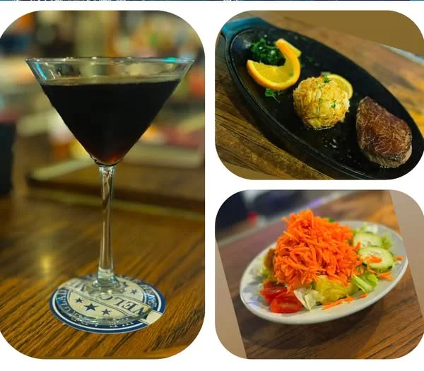 A collage featuring a martini glass, a steak dish with garnishes, and a vibrant salad with carrots and vegetables.