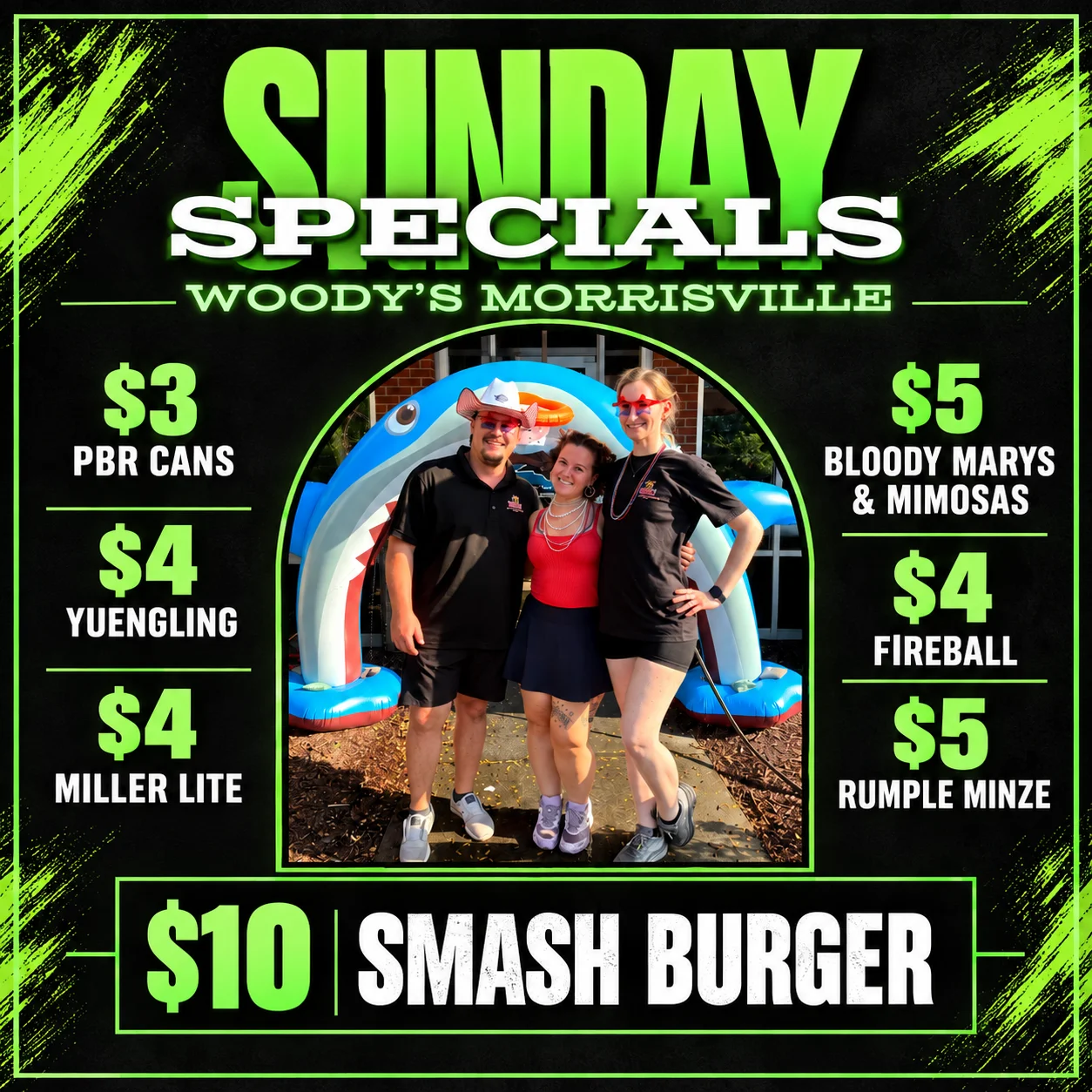 Promotional image for Sunday specials at Woody's Morrisville restaurant
