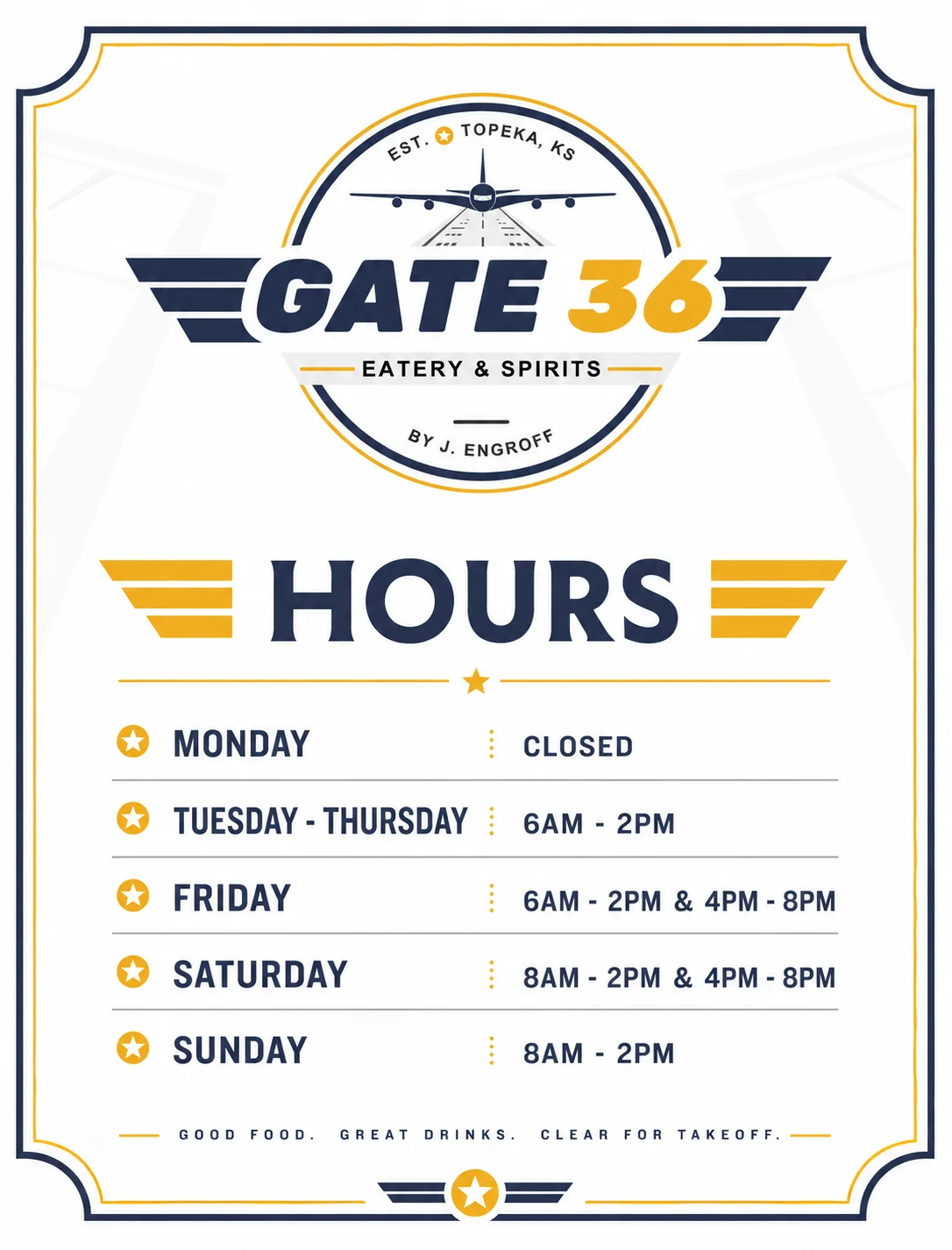 Operating hours sign for Gate 36 Eatery & Spirits in Topeka, KS