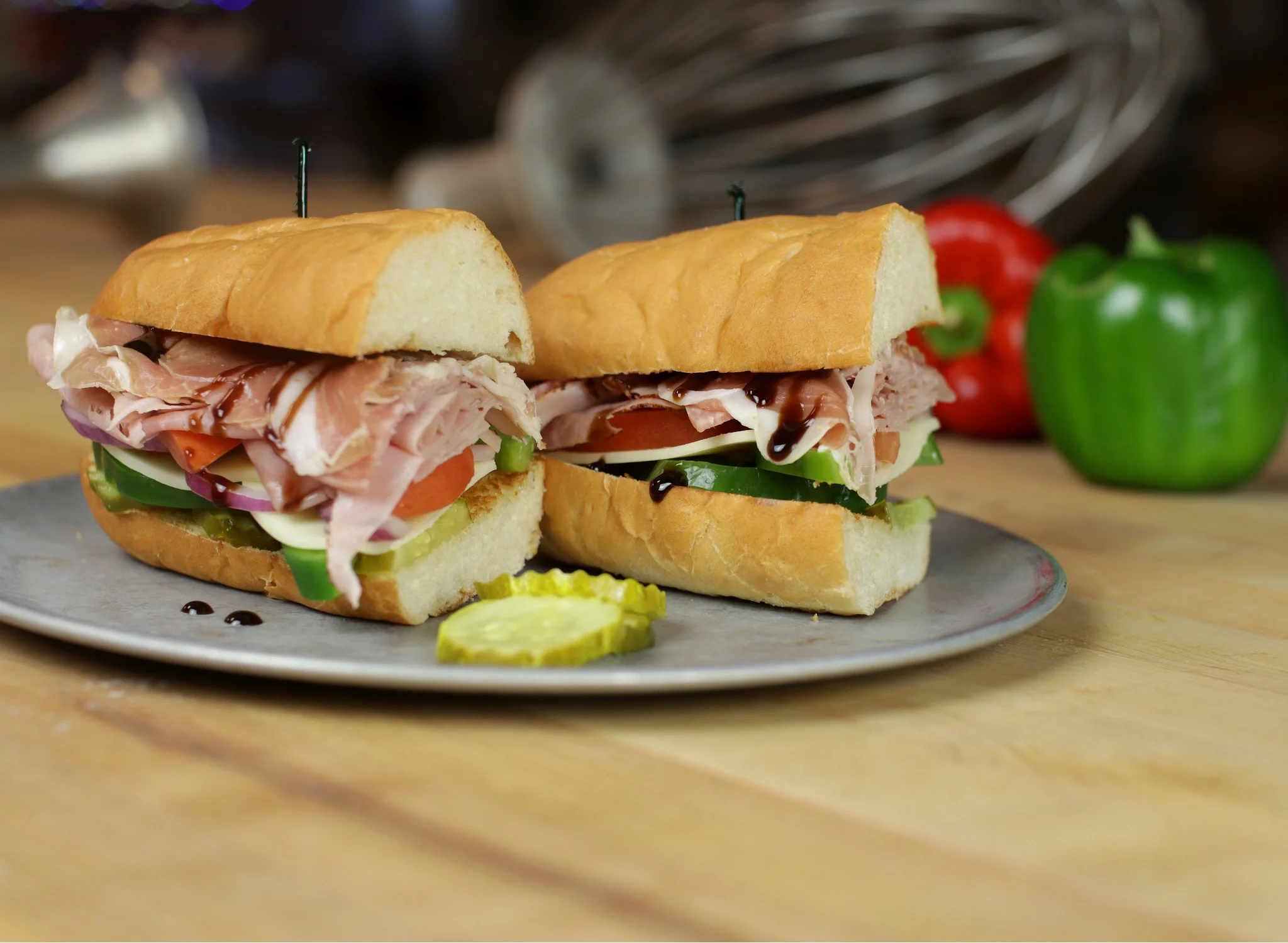 Italian sub sandwich with deli meats and fresh vegetables