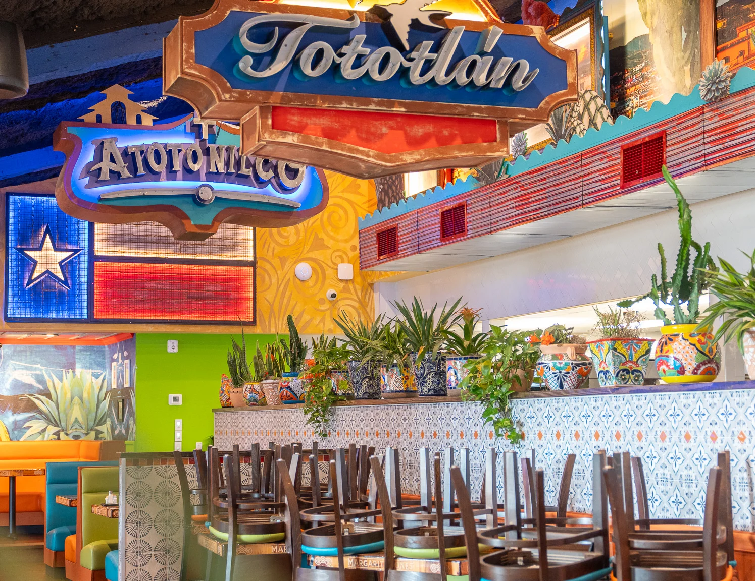 Vibrant restaurant interior with colorful decor and seating