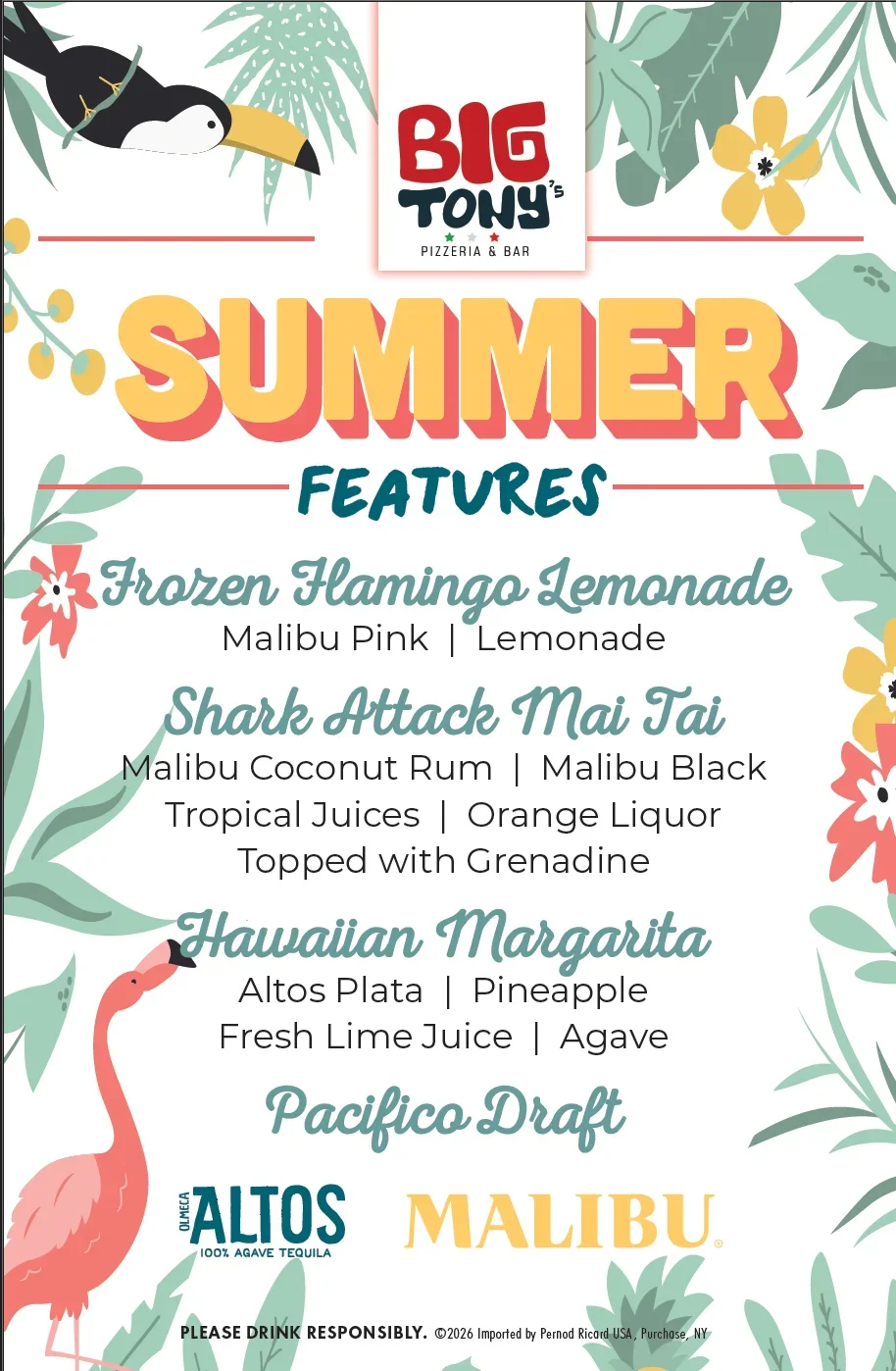Summer cocktail menu featuring tropical drinks