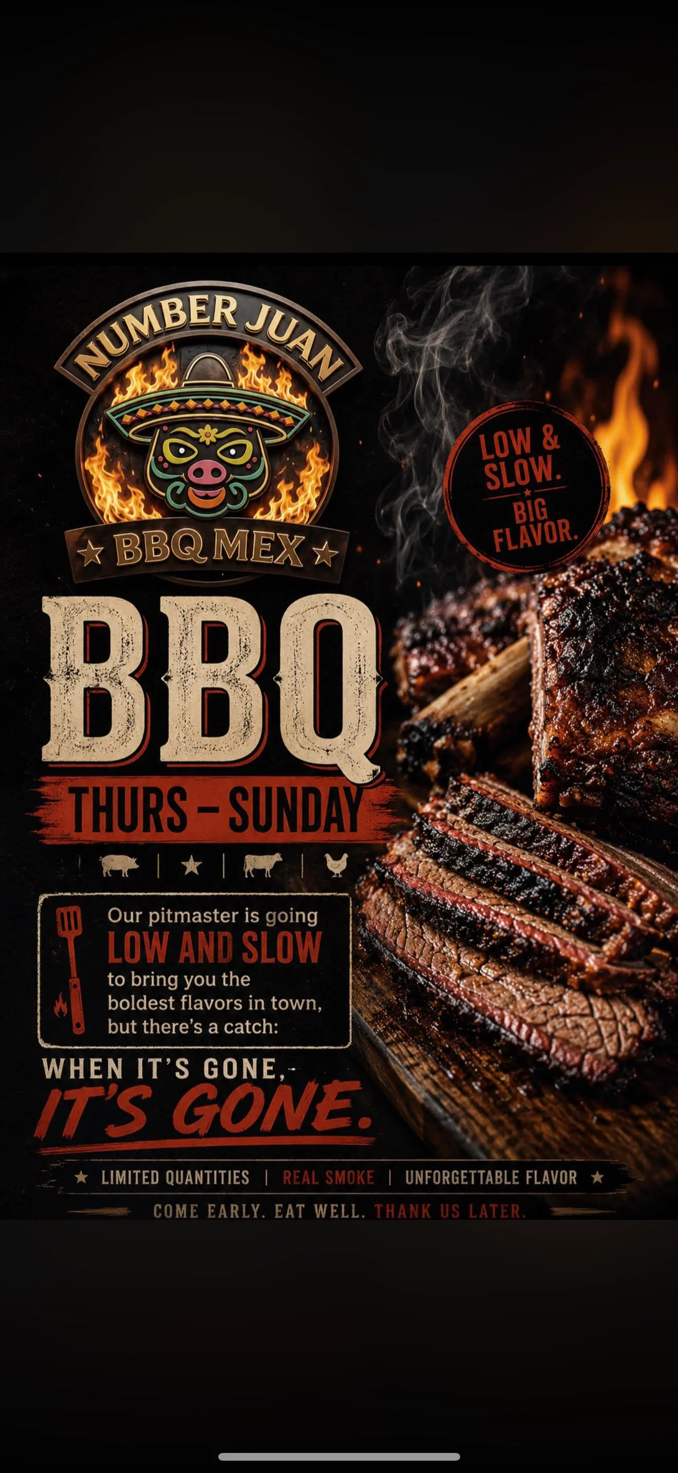 A logo design showcasing a playful pig character wearing a sombrero, surrounded by flames. The text 'NUMBER JUAN BBQ MEX' conveys a lively and inviting atmosphere.