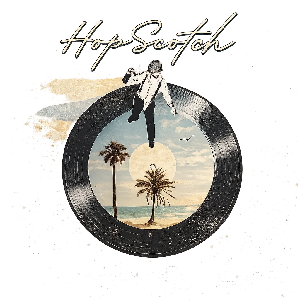 An artistic design featuring a man walking on a vinyl record, combined with tropical imagery and a retro vibe.