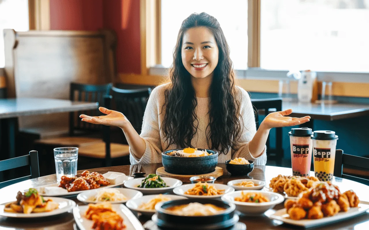 Diverse Korean dishes with bibimbap in a cozy restaurant setting