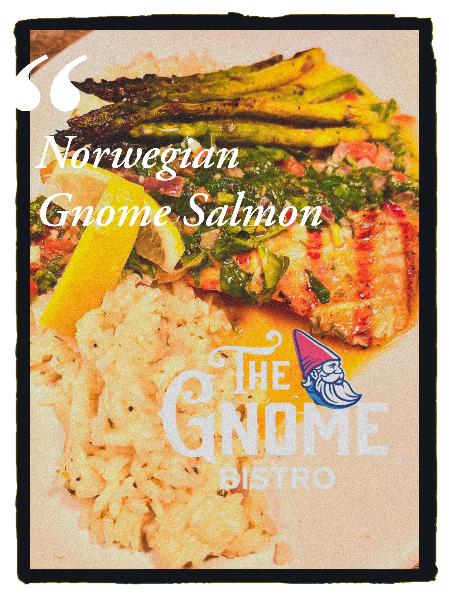 A plate featuring grilled salmon topped with herbs, accompanied by asparagus and rice, garnished with lemon.