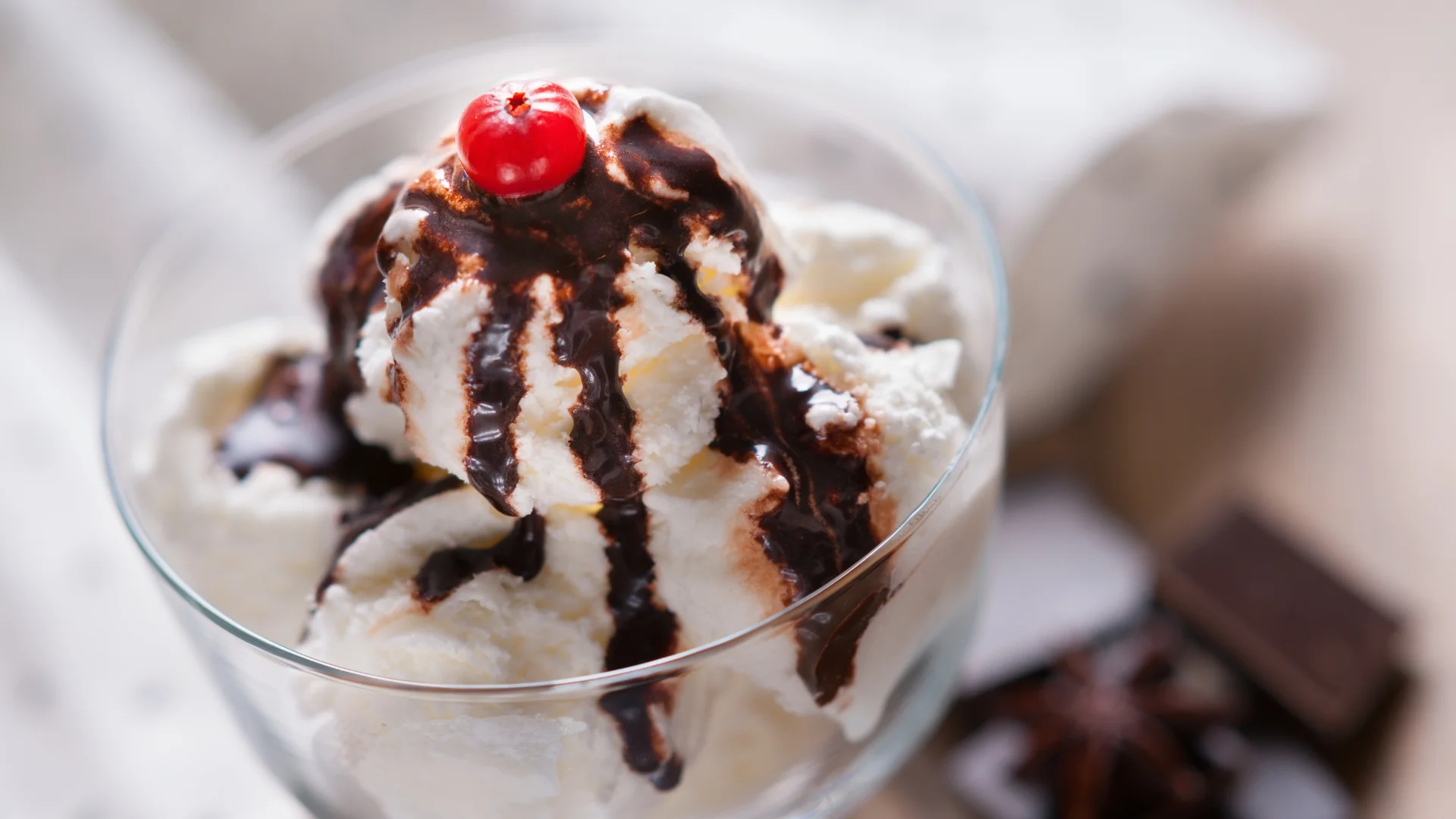 Classic ice cream sundae with chocolate sauce and cherry on top