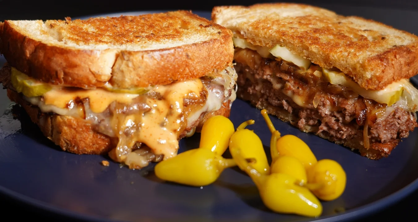A hearty sandwich made with two thick slices of bread, filled with a cheesy beef patty, and garnished with pickles. Served alongside sliced pepperoncini.